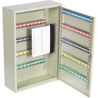 Beige Sealey key cabinet with 100 key capacity, deep design, colorful key tags, and an open door displaying key slots.