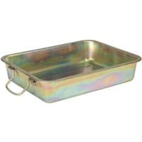 Rectangular Sealey metal drain pan, 9-liter capacity, with a shiny iridescent finish and sturdy side handles.