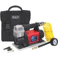 Sealey Mini Air Compressor 12V, red and black with silver top, yellow coiled hose, pressure gauge, and black carry bag.