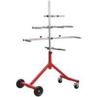 Red and silver Sealey MK59 panel stand with adjustable arms, tripod base, and wheels for mobility.