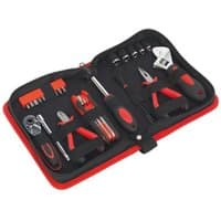 Black and red Sealey motorcycle toolkit with 28 pieces, including pliers, wrenches, and screwdrivers in a compact case.
