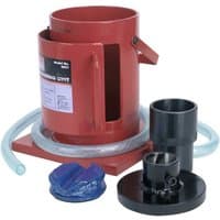 Red Sealey oil filter crushing unit with cylindrical chamber, black base, and attached transparent hose.