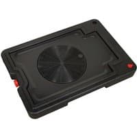 Black Sealey oil drainer, low profile, 30ltr capacity, rectangular with circular center and red caps.