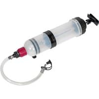 Clear Sealey oil inspection syringe 1.5ltr with black handle, red connector, and flexible transparent hose.
