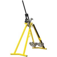 Yellow Sealey PCB25 conduit bender with black handle, tripod base, and dual bending shoes.