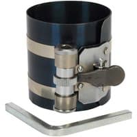 Sealey piston ring compressor, black band with silver adjustment mechanism, includes L-shaped hex key.