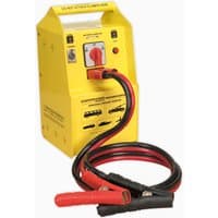 Yellow Sealey POWERSTART500 jump starter with red and black cables, 850A, 12/24V settings, and control panel.