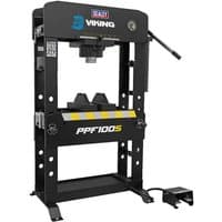 Black Sealey Viking 100 Tonne floor press with foot pedals, hydraulic system, and yellow PPF100S label.