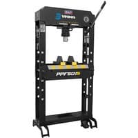 Black Sealey Viking 50 Tonne Floor Press with hydraulic pump, pressure gauge, and adjustable bed.