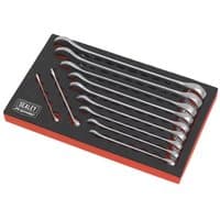 Silver Sealey Premier spanner set in black foam tray, featuring various sizes of combination wrenches.