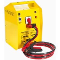Yellow Sealey heavy-duty jump starter with red and black cables, 12/24V switch, and carrying handle.