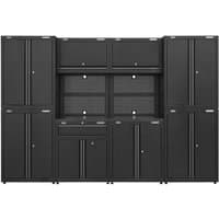 Black modular garage storage system with tall cabinets, drawers, and overhead compartments, featuring metal handles.