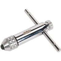 "Silver Sealey ratchet tap wrench M5-M12 with knurled grip and T-handle design"