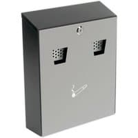 Gray Sealey wall-mounted cigarette bin with lock, two perforated panels, and a cigarette symbol on the front.