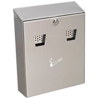 Silver Sealey wall-mounted cigarette bin with lock, two vented slots, and smoking symbol on the front.