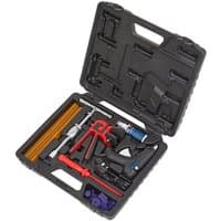 Sealey RE105 Hot Glue Paintless Dent Repair Kit in black case with glue gun, rods, and various repair tools.