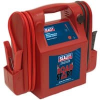 Red Sealey RS103 3200A 12V RoadStart® Jump Starter with handle, clamps, and blue label on the front.