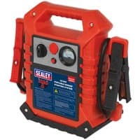 Red Sealey RS125 RoadStart jump starter with handle, gauge, and clamps on sides.