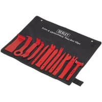 Red Sealey RT12KIT Trim & Upholstery Tool Set, 12 pieces in a black roll-up pouch with snap closure.