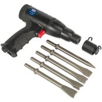 Black Sealey air hammer kit with ergonomic grip, five chisel attachments, and coiled spring.