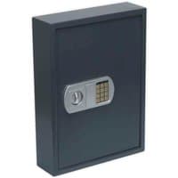 Black electronic cabinet with keypad lock, designed for 100 key capacity, featuring a sleek rectangular design.