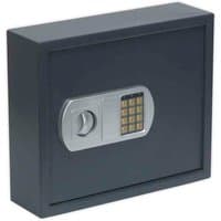 Black Sealey electronic cabinet with keypad and dial, 50 key capacity, rectangular metal design.