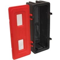 Red and black Sealey SFEC01 fire extinguisher cabinet with a rectangular shape and two clear viewing panels.