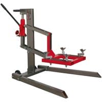 Sealey Single Post Motorcycle Lift 450kg, gray and red, hydraulic lever, adjustable platform, sturdy base with wheels.