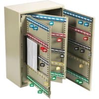 Beige Sealey key cabinet with 300 key slots, three open panels, and multicolored key tags.
