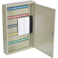 Beige Sealey key cabinet with 50 key hooks, colored key tags, and an open door revealing an index card holder.