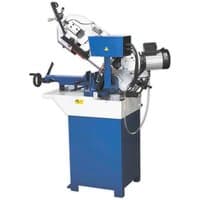 Sealey SM354CE 210mm horizontal hydraulic arm bandsaw, blue and white, with metal cutting blade and adjustable arm.