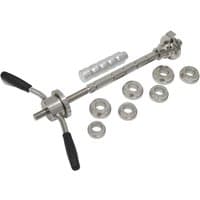 Sealey SMC3 Motorcycle Steering Bearing Press with silver metal rod, black handles, and multiple circular attachments.