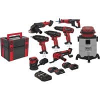 Sealey SV20 Series combo kit with red and black cordless tools, including drills, saw, grinder, and vacuum, plus batteries.