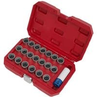 Red Sealey case with 20-piece locking wheel nut key set, includes various socket sizes and a blue protective sleeve.