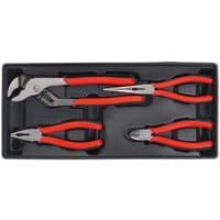 Sealey TBT02 4 Piece Tool Tray Plier Set with red handles in black tray, includes slip joint, needle nose, and cutting pliers.