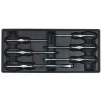Black and red Sealey TBT14 6 Piece Screwdriver Set in a black tray with ergonomic handles and chrome shafts.