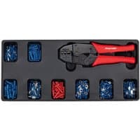 Sealey TBT16 Ratchet Crimper with red handles and 325 assorted blue and red insulated terminals in a black tray.