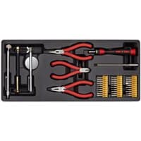 Sealey TBT17 tool set with red-handled pliers, precision screwdriver, and assorted bits in a black tray.