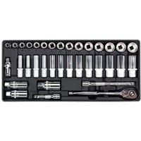 Sealey TBT20 35 Piece 3/8'' Drive Metric Socket Set in black case with chrome sockets and ratchet wrench.