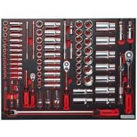 Sealey 91-piece socket set with red and black handles, chrome sockets, and ratchets in various sizes.