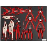 Sealey TBTP05 tool tray with 14 red-handled pliers and cutters, neatly arranged in a black foam organizer.