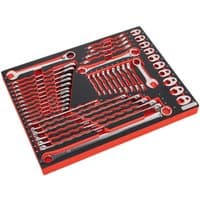 Sealey TBTP11 spanner set, 44 pieces, 10-24mm, red and silver, organized in a black and red foam tray.