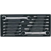 Sealey tool tray with 12-piece flare nut and ratchet ring spanner set, chrome finish, organized in black tray.
