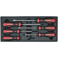 Sealey tool tray with 6 red and black hammer-thru screwdrivers, organized in a black foam tray.