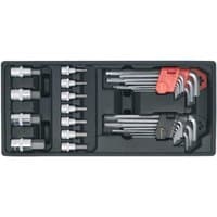 Sealey tool tray with 29-piece hex keys, ball-end hex keys, and socket bit set, organized in a black plastic tray.
