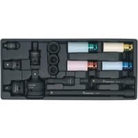 Sealey tool tray with 15-piece impact socket and adaptor set, featuring color-coded sockets and black tray.