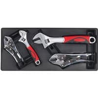 Sealey tool tray with two red-handled adjustable wrenches and two silver locking pliers, neatly arranged.