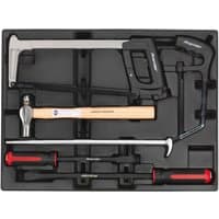 Sealey tool tray set with black prybar, silver hacksaw, wooden hammer, and two red-handled screwdrivers.