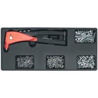 Sealey tool tray with red riveter and 400 assorted rivets in black compartments.