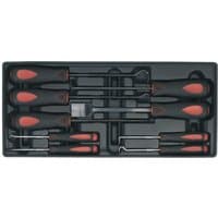 Black tool tray with red and black-handled scrapers and hooks, 9 pieces neatly arranged in slots.